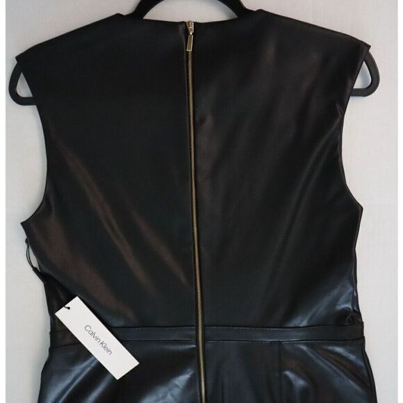 Calvin Klein Women Sz 10 Black PU Leather Sheath Dress w/Gold Waist Detail - Picture 6 of 13